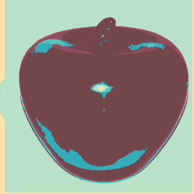A photo of glass bauble in the shape of an apple, which's colours have been harshly clamped to one shade of red, two shades of blue and some white.