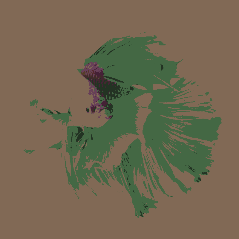 A photo of a betta fish, palettised. It's mostly a pale pink, with the silhouette of its fins in light green and the deeper shadows picked out in solid shapes of darker greens and purples