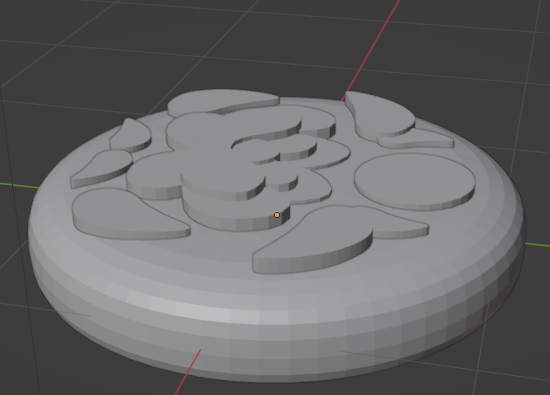 A screenshot of a 3d model of a button. There is a raised design on it, of a lotus flower surrounded by leaves, under a disk representing the moon or sun.