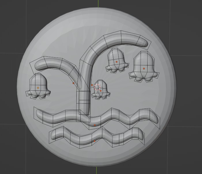 The bluebell design in 3d modelling software, made with each solid shape a seperate, simple shape. There are no clear outlines on them, but there are boxes roughly tracing out the shapes