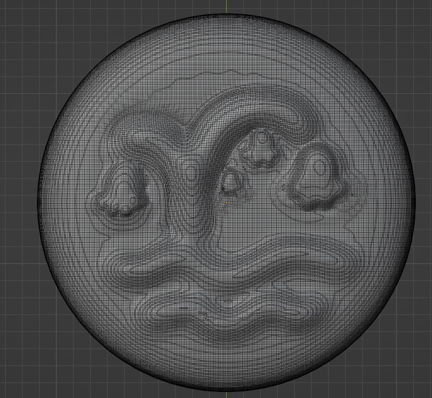 The above bluebell design seen in a 3d modelling software. It has lots of faces and edges, outlined in black, forming smooth contour lines around its soft curves.