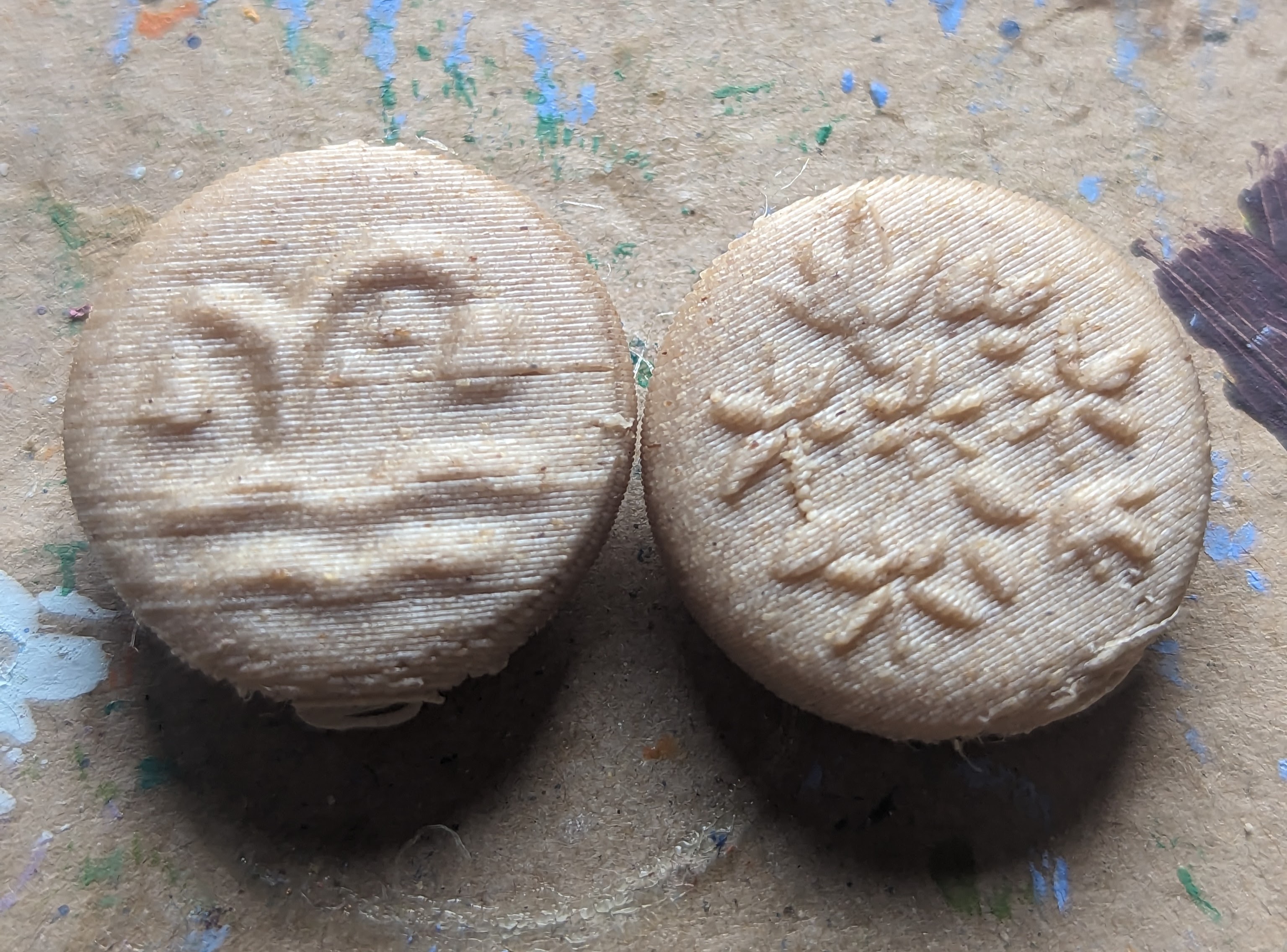 Photos of two 3d printed buttons. They have the bluebell and garlic designs sketched earlier, but the bluebells are soft shapes that are a bit fuzzy as they potrude from the button, and the garlic flowers are so small and there's so many of them that it's difficult to interpret against the grain line.