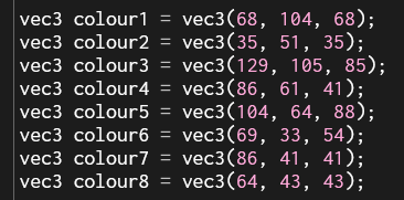 Eight individual variable definitions, named colour 1 to 8, defining rgb colours one number at a time.