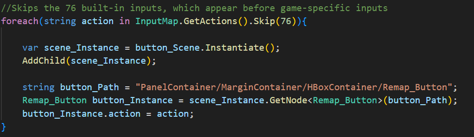 A section of code that loops through the entires in a list of actions, skipping the first 76 entries and creating a button for each of the rest.