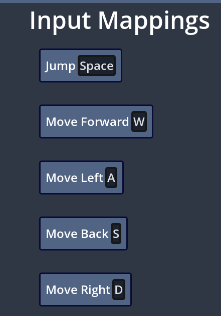 A simple game menu showing buttons that allow the user to change which buttons control which actions.