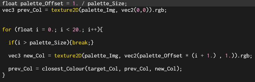 A section of code including a loop that repeats twenty times. The first line inside the loop is set to break the loop if the loop has repeated more times than the palette size.