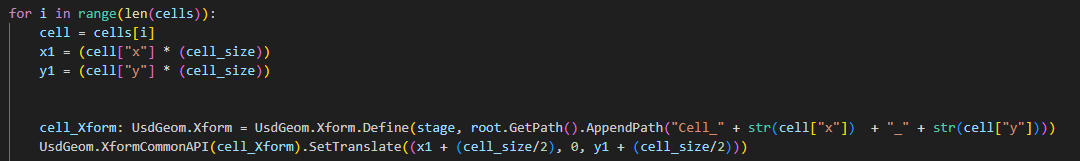 A section of code, that is the start of a for loop. The code finds the location of a cell based on its x and y positions and creates a transform object at that location.