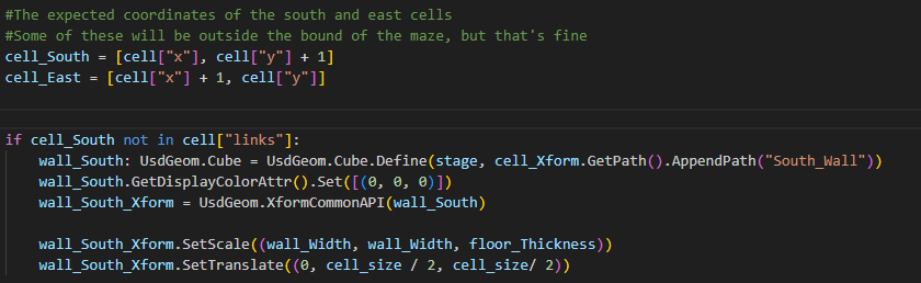 A section of code that finds the south and east coordinate neighbours and creates a wall if they are not found in the cell's links array