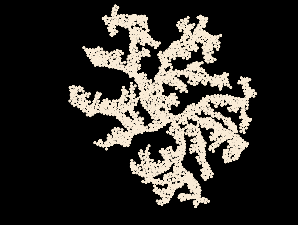 A black and white image of a lichen-like shape made out of small circles.