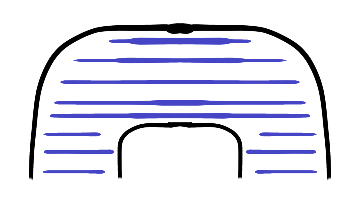 A diagram of a 3d printed shape. An arch is marked out in black and horizontal lines are marked throuh it in blue.