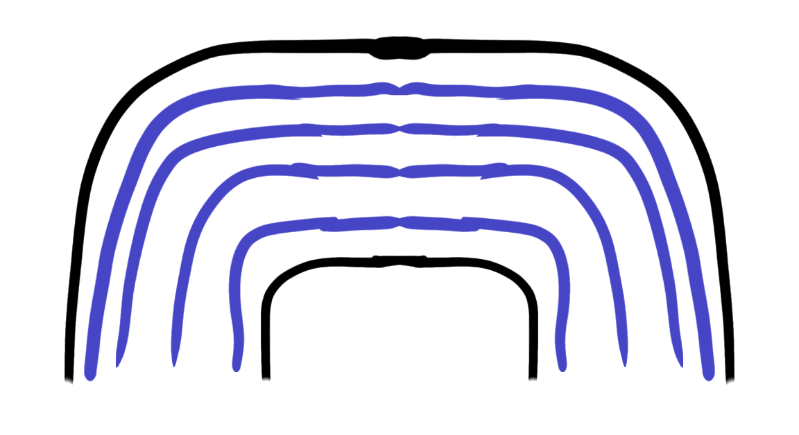 A diagram of a 3d printed shape. There is an arch marked in black, and blue lines following its curve longways.