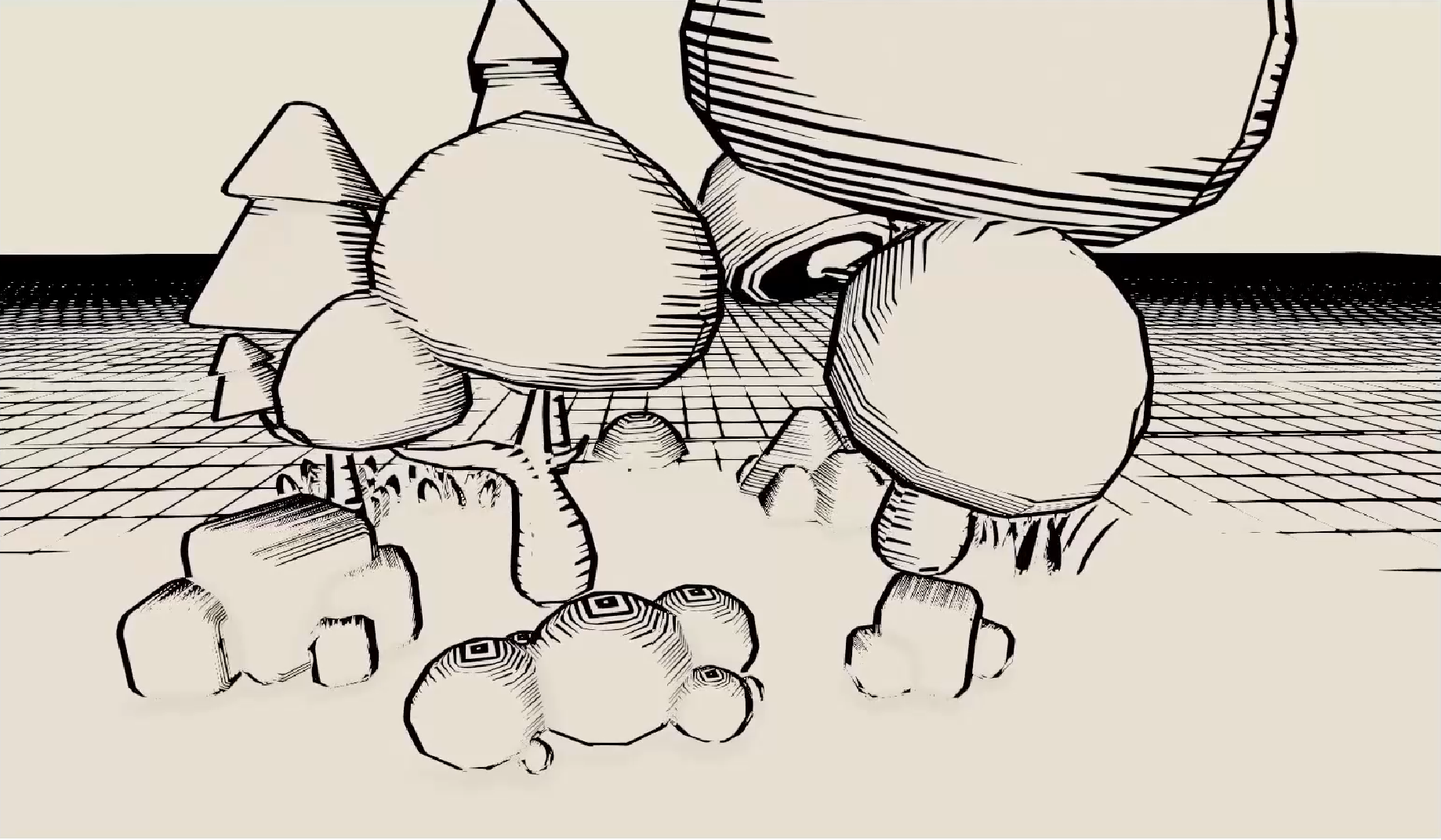 A monochrome 3d render of a small forest scene with black crosshatching instead of shading.