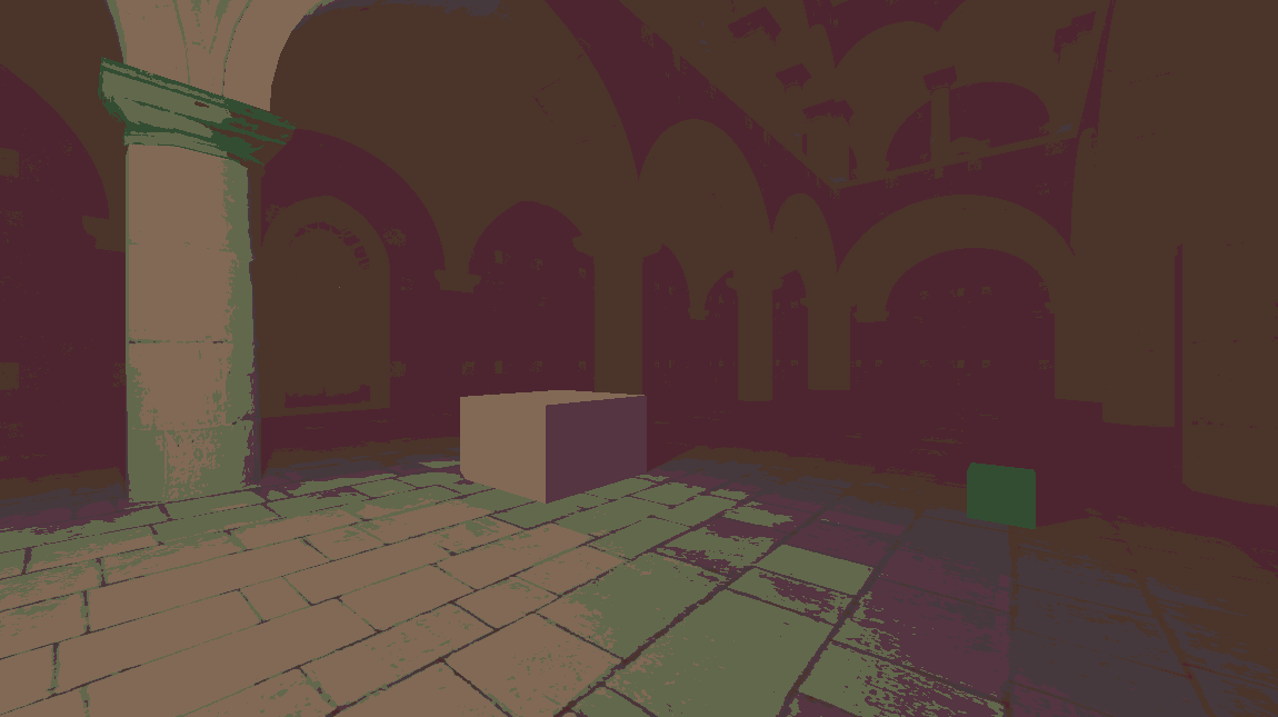 A screenshot of a 3d scene in a hallway flanked by arches. There's two cubes sunk into the ground, a small one that looks green and one that's a lot lighter in shade. It's all palettised to the greens and purples I use in this website.
