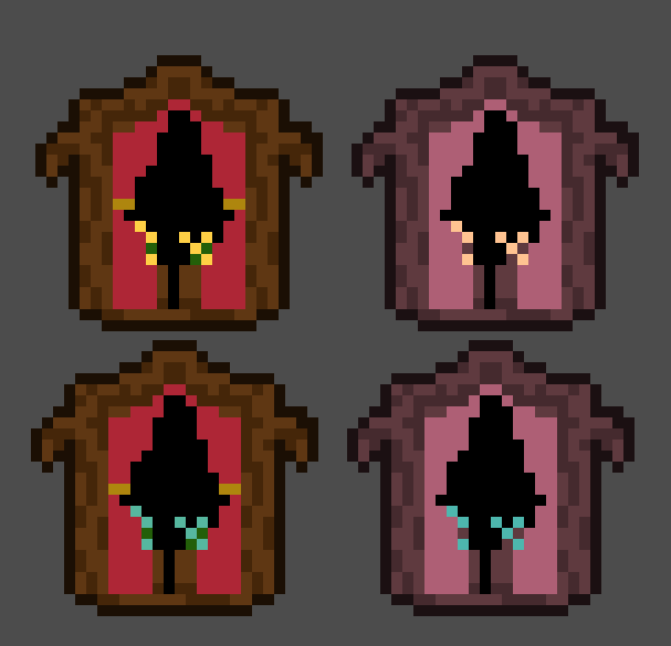 Two sets of pixel art windows side by side. The top row has yellow flowers in it and the bottom row has blue flowers.The left side are in their original colours and the right are in a desaturated palette, but the flowers stand out as yellow and blue either way. 