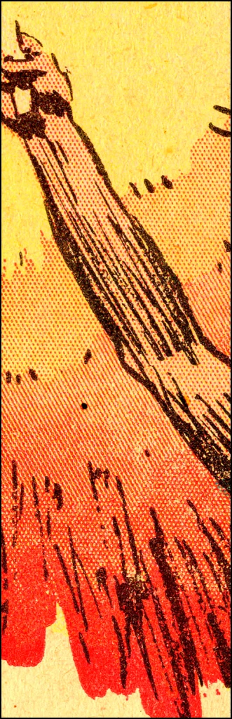 An arm reaching across a comic panel. The only colours in the image are red, yellow and black line art, with a vertical gradient from yellow to red in the background, achieved by an increasing density of red marks.