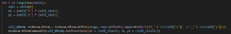 A section of code, that is the start of a for loop. The code finds the location of a cell based on its x and y positions and creates a transform object at that location.