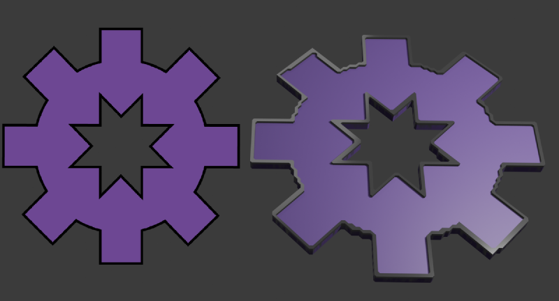 A flat image with thick black outlines of a purple cog with a star-shaped hole in the middle next to a 3D render of the same cog as a 3d model. The outlines are raised and metallic, like the edges of an enamel pin or keychain.