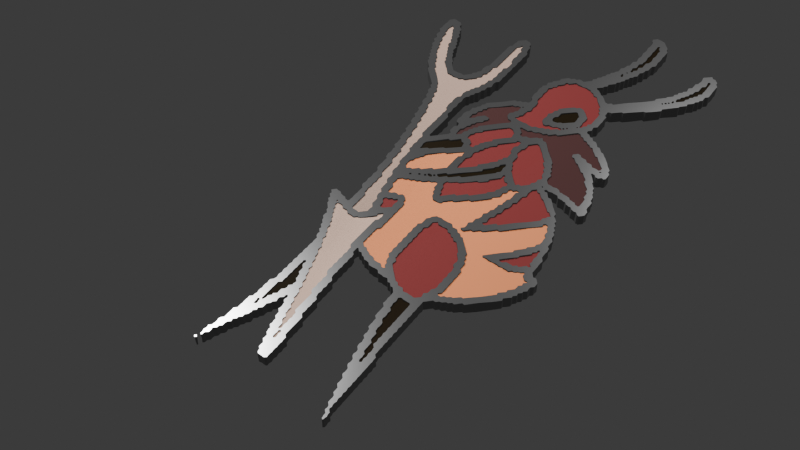 A render of a 3D model of a pin of an anthropomorphic ant holding a spear. The outlines are raised and metallic, like the edges of an enamel pin or keychain.