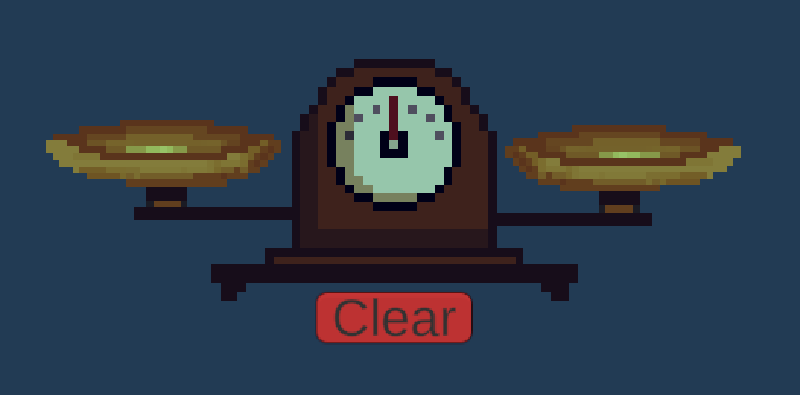 A screenshot of pixel-art scales on a blank background. There's a bright red button below it that says Clear.