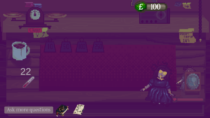 A screenshot of a pixel art game. The player is in a darkened and purple-tinted workshop. A porcelain baby doll is sitting in the corner of the table. Its eyes and streaks along its arms are glowing yellow.