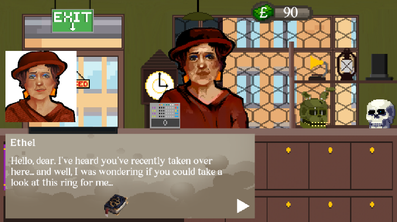 A screenshot of a first-person 2d pixel art game. The player is behind the counter in a shop. An old woman is standing in the middle of the screen. Her text box reads: Ethel.