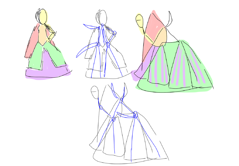 Digital sketches of a doll design. Each section of cloth is colour-coded. From top left to right, fig. 1: A humanoid figure wearing a two layered dress and cape, holding a mask to their head. fig. 2: The same silhouette, uncoloured, with a skeleton diagram, showing a bone in the cape and two torso branches coming out of the head, ending in four legs. fig. 3: A four-legged monster with a long neck, covered by large drapes of cloth, coloured corresponding to the clothes in fig.1. fig. 4: The same silhouette as fig. 3, uncoloured, with a skeleton diagram, showing it has the same structure as fig. 2. The previous head has moved to the centre of the body and the arm and mask have become the head.